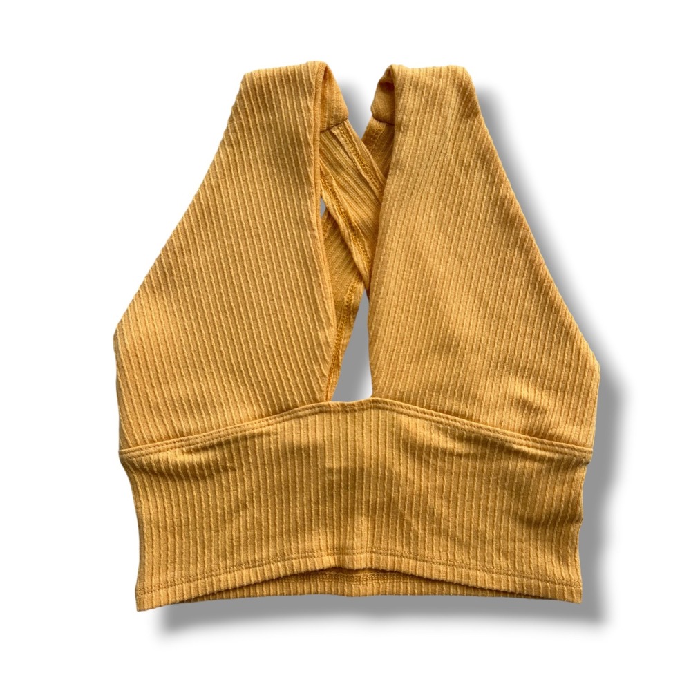 Urban Outfitters Womens S Mustard Yellow Ribbed Criss Cross Back Halter Crop Top